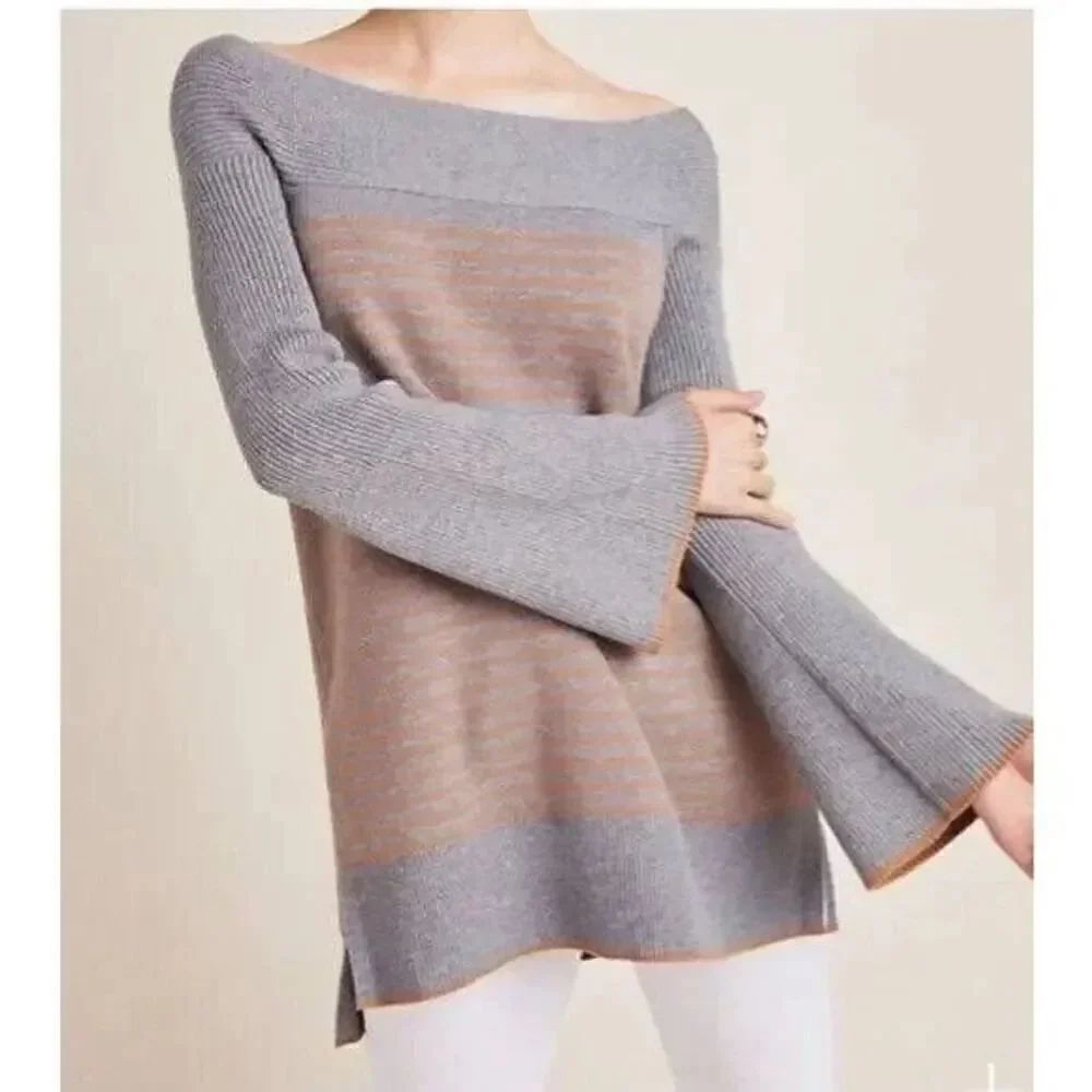 Anthropologie Elise Ribbed Tunic Gray Brown Stripe Off-the-Shoulder Size XS